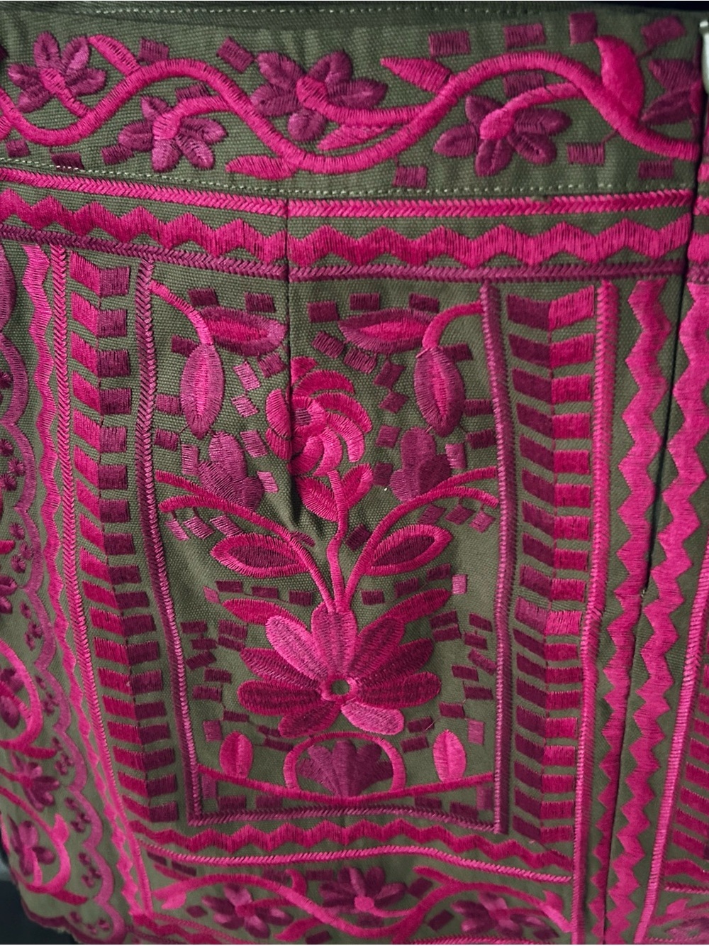 NWT J. MARIE Embroidered Floral Skirt Olive Green Fuchsia Boho Designer Cotton - Picture 2 of 16